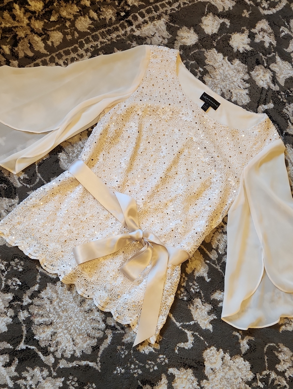 connected apparel Cream Lace Blouse with Satin Waist Tie